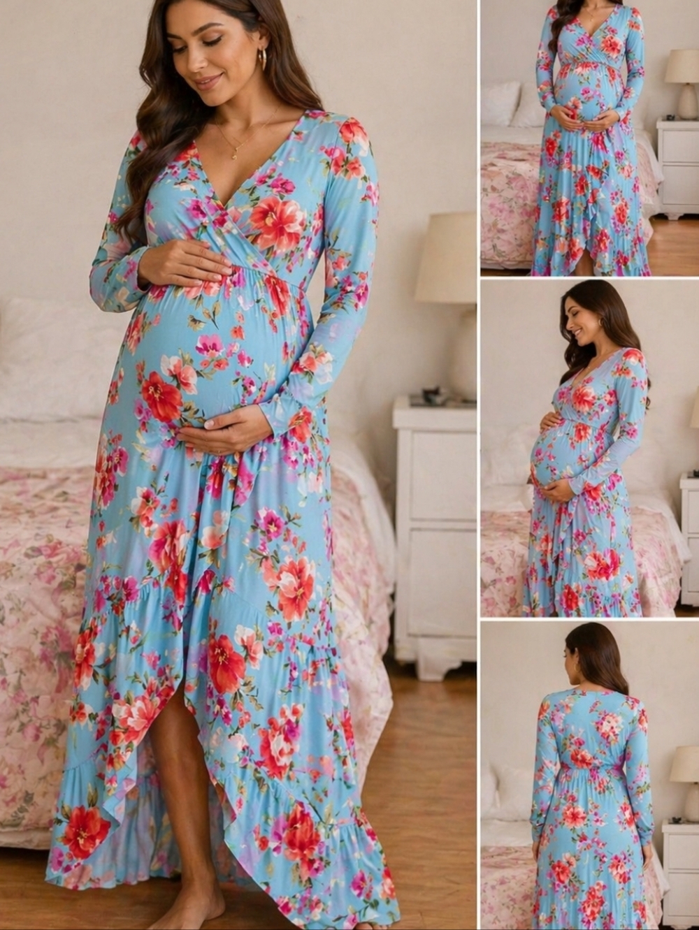 Maternity Floral Maxi Dress in Light Blue